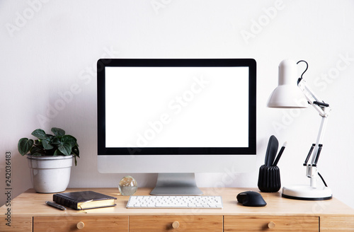 Scandinavian Interior Of Home Desk With Mock Up Computer Screen