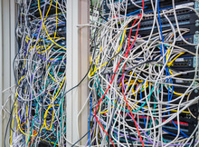 Switchboard Panel With Chaotic Mess  Cables Connections, Chaos In Server Room, The Tangled Network Cable