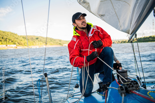 Fotografía Beautiful inspiring shot of action adventure of sailor or captain on yacht or sa