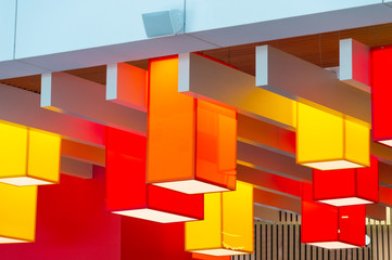 square colored lamps on the ceiling