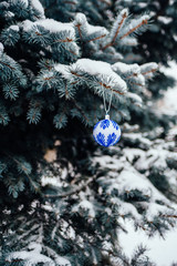 Wall Mural - Blue white christmas ball on fir tree branch close up