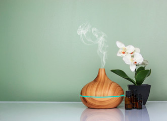electric essential oils aroma diffuser, oil bottles and flowers on light green surface with reflecti