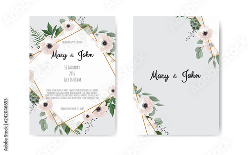 Botanical wedding invitation card template design, white and pink flowers. Ve...