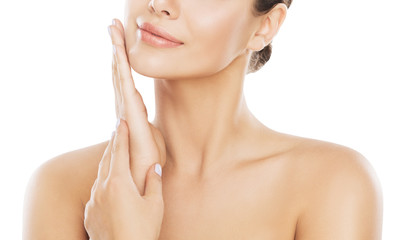 beauty face skin care, woman moisturizing and massaging cheek by hand, isolated over white backgroun
