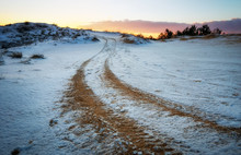 ATV Auto Sport Track At Winter. Wheel Sandy Tracks On Snow