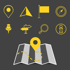 Wall Mural - Map marker pointer with road on black background map vector icon design. Map pointer icon. GPS location symbol.