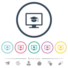 Sticker - Webinar on monitor flat color icons in round outlines