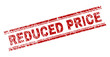REDUCED PRICE seal print with distress texture. Red vector rubber print of REDUCED PRICE text with corroded texture. Text label is placed between double parallel lines.