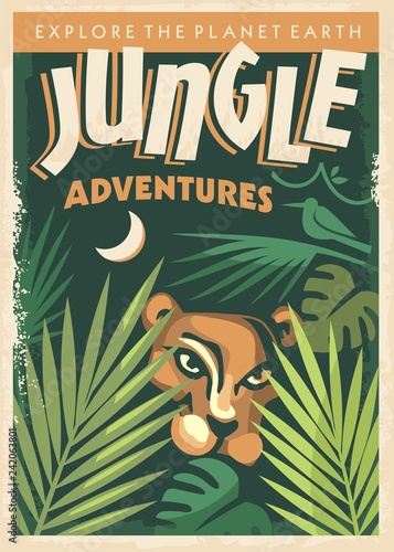 Dekoracja na wymiar  projekt-plakatu-retro-przygody-dzungli-z-dzikimi-zwierzetami-i-drzewami-dzungli