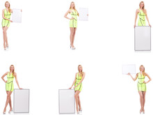 Beautiful Woman Holding Whiteboard Isolated On White 