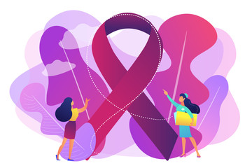 Canvas Print - Doctor showing breast cancer awareness ribbon to the female patient. Breast cancer, women oncology factor, breast cancer prevention concept. Bright vibrant violet vector isolated illustration