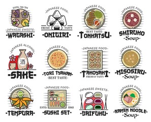 Japanese cuisine dishes icons of asian food