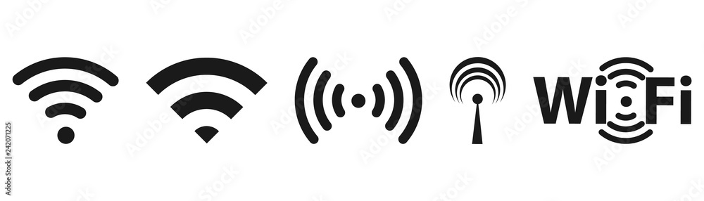 Different black wifi icon set. Wireless internet Sign isolated on white background. Vector wi-fi signal - obrazy, fototapety, plakaty 