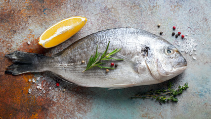 Fresh raw Dorado fish with spices and olive oil on a blue rusty table. Top view. Flat lay