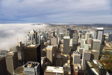 View of Seattle from above on a foggy day