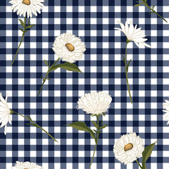 Summer Floral seamless pattern. Softy white blooming on navy and white gingham, checked background.