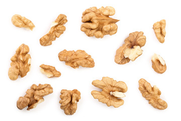 Wall Mural - peelled Walnuts isolated on white background. Top view. Flat lay