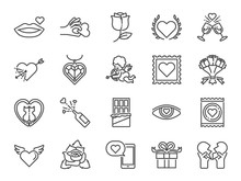 Valentine’s Day Line Icon Set. Included The Icons As Valentine, Love, Cupid, Heart, Couple, Relationship, Dating And More.