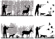 Man With Dog Is Hunting For Deer, Pronghorn, Ducks And Pheasants