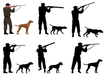 collection of silhouettes of hunters with dogs