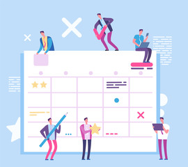 Wall Mural - Task planning board. People with big scrum process board. Business and ream working vector concept. Scrum work project, management business and task board illustration