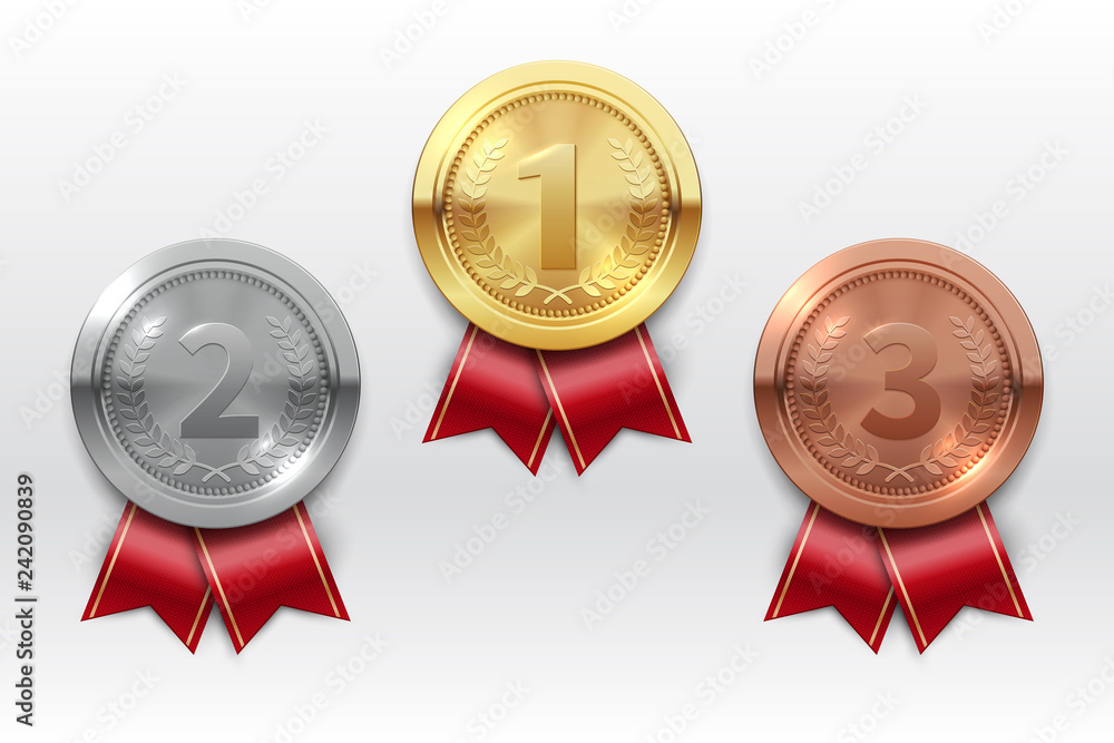 Gold silver bronze medals. Champion winner award metal medal. Honor badges realistic isolated vector set. Medal bronze, silve and gold for championship prize illustration - obrazy, fototapety, plakaty 