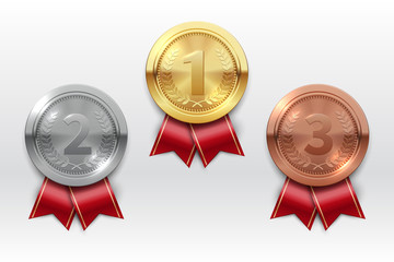 gold silver bronze medals. champion winner award metal medal. honor badges realistic isolated vector