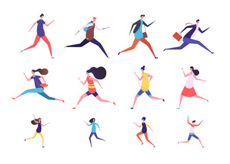 Wall Mural - Running people. Flat man and woman, business persons and kids run. Flat vector runner jogging characters set. Illustration of run man and woman, runner girl boy