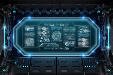 Leinwandbilder - Dark spaceship interior with control panel digital screens 3D rendering