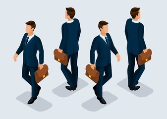 Wall Mural - Trend Isometric People Set 10, 3D businessmen in business suits, people gestures, front view and rear view isolated on a light background. Vector illustration