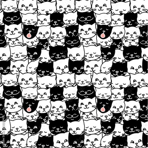 Fototapeta Funny cute cat faces seamless pattern,hand drawn background,