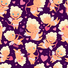 Sticker - Angels seamless pattern. Love valentines day pink hearts cute angels with bow vector cartoon characters background. Illustration of valentine angel and amour character