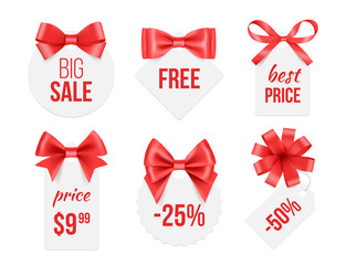 Wall Mural - Tags with ribbons. Promo badges with red and golden satin silk bows advertizing template for big celebration sales vector pictures. Illustration of ribbon tag badge, silk bow form