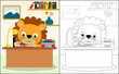 © Bhonard21 - Coloring book or page with cute lion cartoon studying