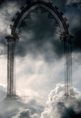 Wall Mural - mystical spiritual gate in mystic cloudy sky with stars and light like angel divine paradise concept