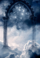 Wall Mural - mystical spiritual gate in mystic cloudy sky with stars and light like angel divine paradise concept
