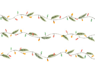 Wall Mural - watercolor vector christmas garland with lights and fir branches.