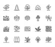 © nadiinko - Trees flat line icons set. Plants, landscape design, fir tree, succulent, privacy shrub, lawn grass, flowers vector illustrations. Thin signs for garden store. Pixel perfect 64x64. Editable Strokes