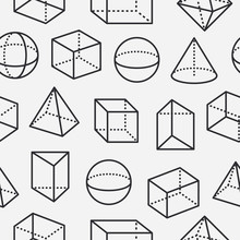 Geometric Shapes Seamless Pattern With Flat Line Icons. Modern Abstract Background For Geometry, Math Education. Mathematics Figures - Cube, Sphere, Cone, Prism, Black White Vector Illustrations