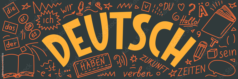 Deutsch. Translation: "German". German language hand drawn doodles and lettering. - obrazy, fototapety, plakaty 