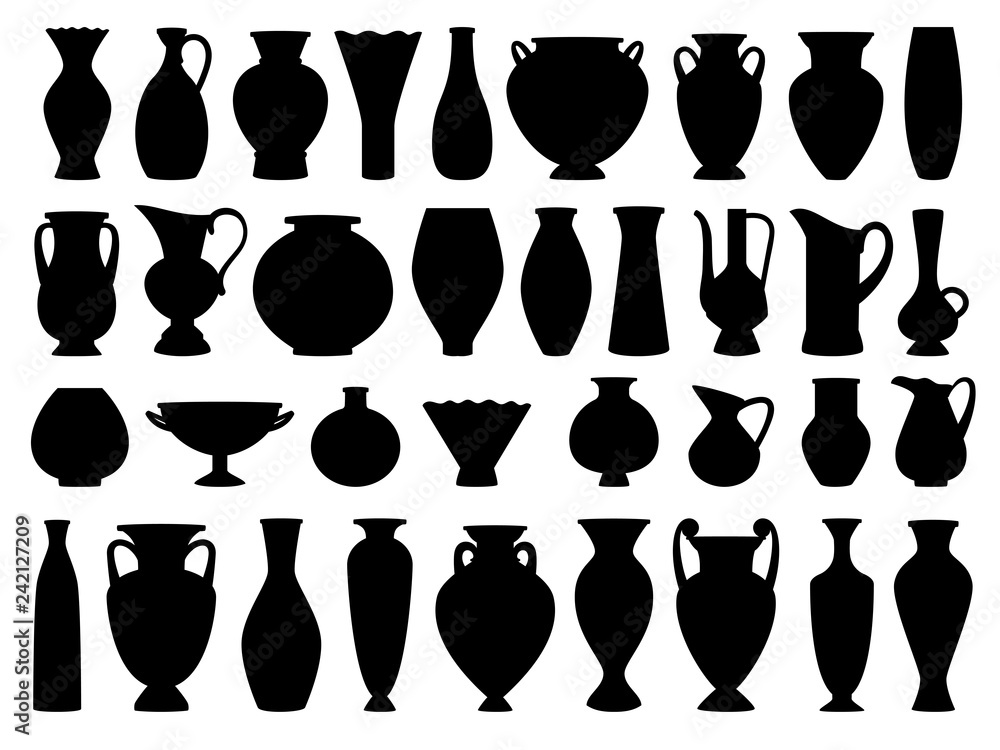 Vintage greek vases black silhouette on white background, vector illustration - obrazy, fototapety, plakaty 