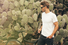 Young Handsome Bearded Guy Wearing A Blank White T-shirt And Sunglasses Is Standing In The Garden Background Next To A Big Cactus Plant. Horizontal Mock Up Style