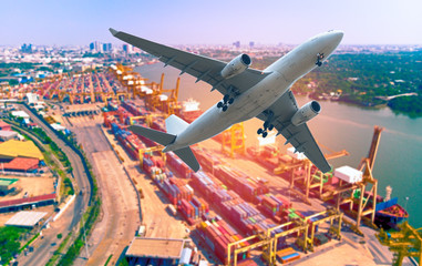 Wall Mural - Aerial view logistics and transportation of Container Cargo ship and Cargo plane for import export and transportation background.