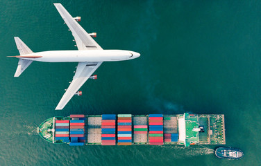 Wall Mural - Aerial view logistics and transportation of Container Cargo ship and Cargo plane  for import export and transportation background.