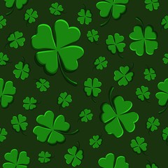 Seamless pattern green clover leaf decorative on a dark green background