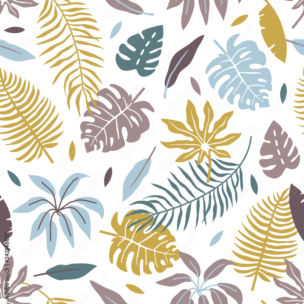 vector seamless background pattern with funny simple tropical leaves and flowers for fabric, textile - obrazy, fototapety, plakaty 