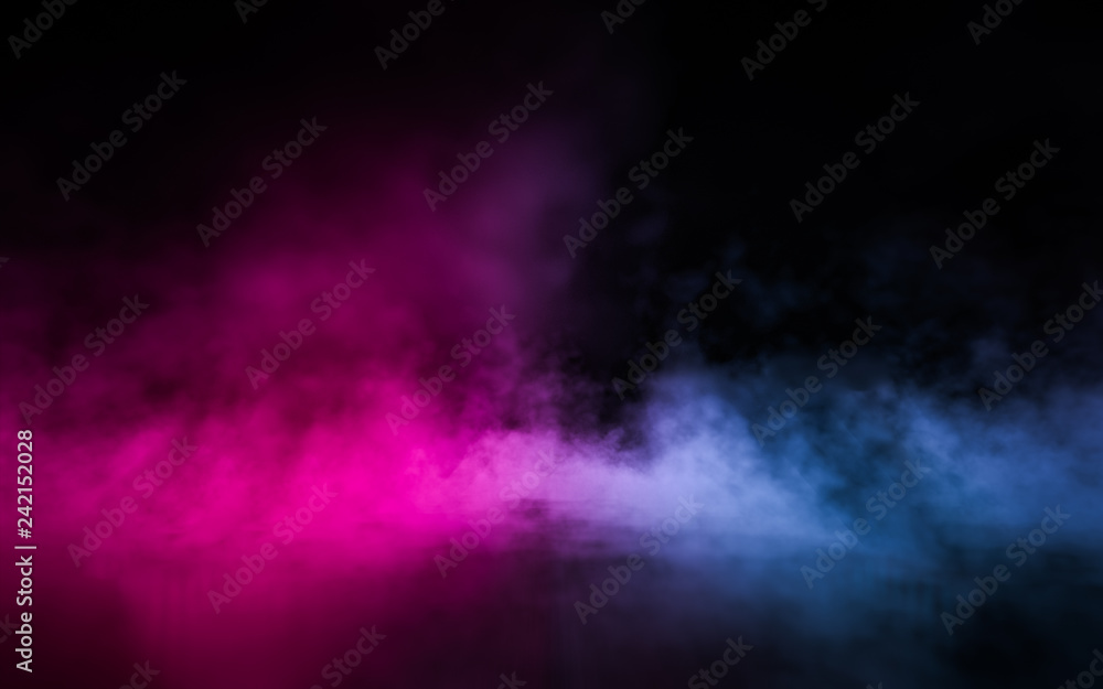 Empty scene  with glowing pink and blue smoke environment atmosphere on floor.  Fashion vibrant colors spectrum background. 3d rendering. - obrazy, fototapety, plakaty 