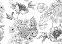 Seamless Pattern With Peonies And Flowers Hydrangea. Vector Background.