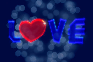 Word of love. The letter O is made in the form of a red heart shape. The remaining letters are blue. There are highlights around the word.