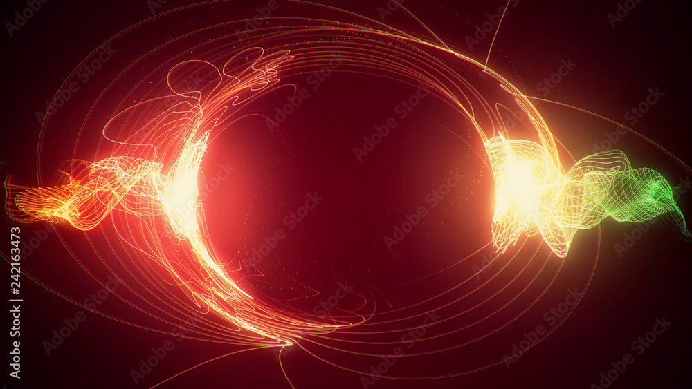 Abstract red and green futuristic sci-fi plasma circular form. 3D illustration of shining energy force field light strokes waving on a ring motion path for logo or text. 4K Ultra HD - obrazy, fototapety, plakaty 